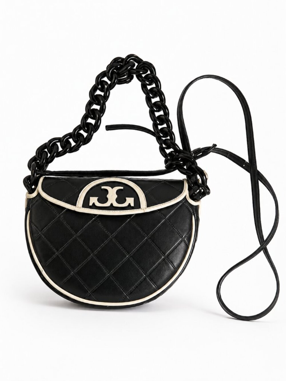 Tory Burch Mini Fleming Soft Crescent Bag Black Ivory Quilted Leather
